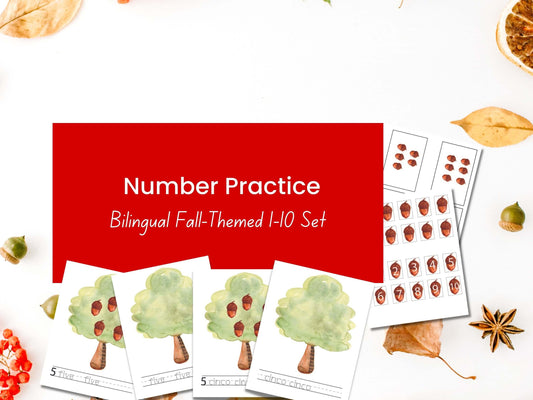 Spanish to English Bilingual Kindergarten and Pre-K Number Practice: Fall Theme